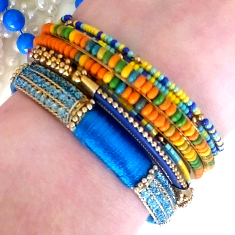 💎 Blue/Orange/Gold Bangle Bracelet Set